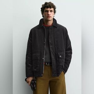 New Zara Corduroy Jacket Size L Men's Black Pocket Charcoal Relaxed fit Zip